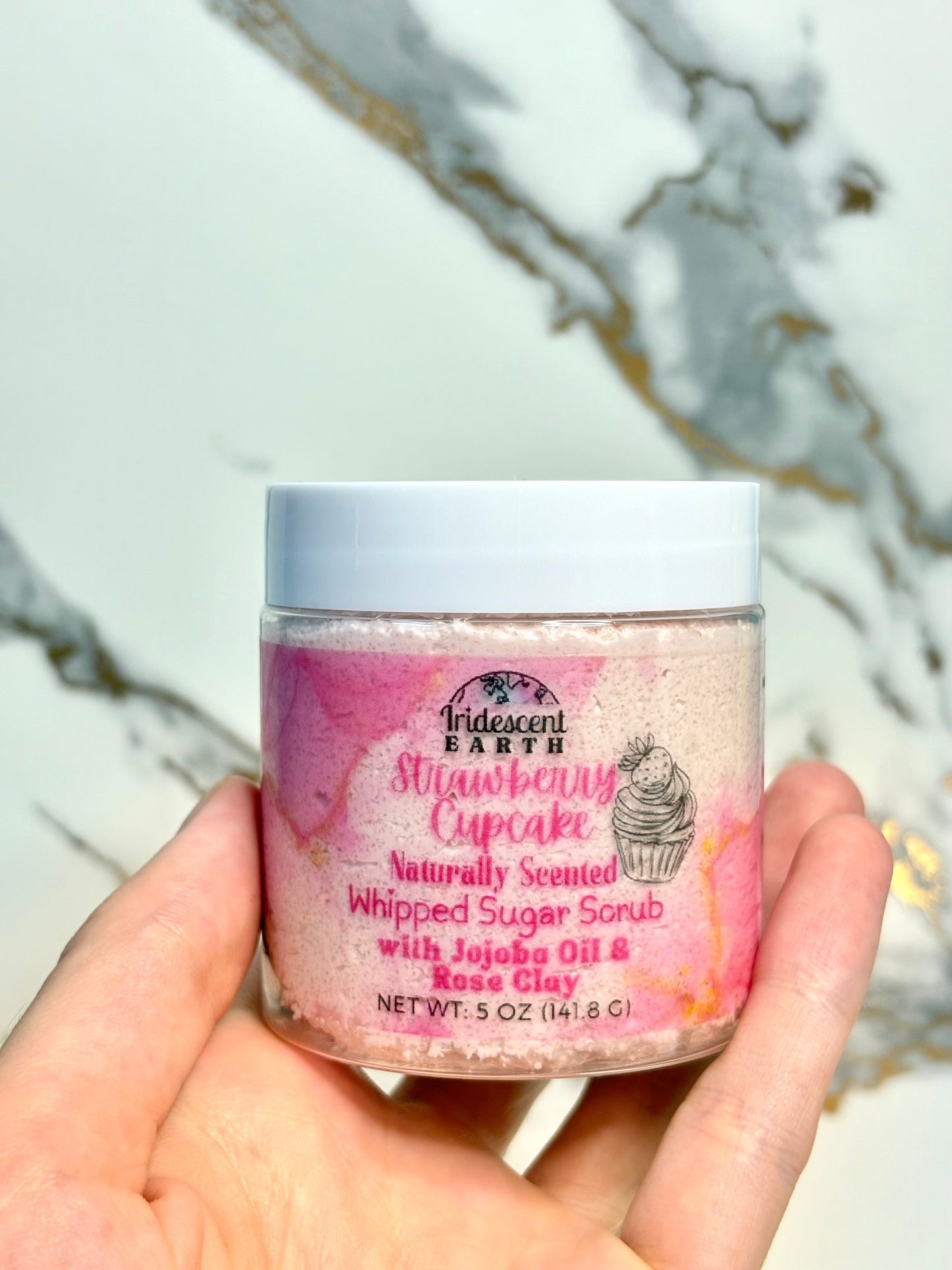 Strawberry Cupcake Whipped Sugar Scrub - Organic Jojoba Oil, Rose Kaolin Clay, and Natural Fragrance - Fluffy, Moisturizing, 4oz - Vegan