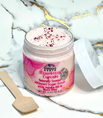 Strawberry Cupcake Whipped Sugar Scrub - Organic Jojoba Oil, Rose Kaolin Clay, and Natural Fragrance - Fluffy, Moisturizing, 4oz - Vegan