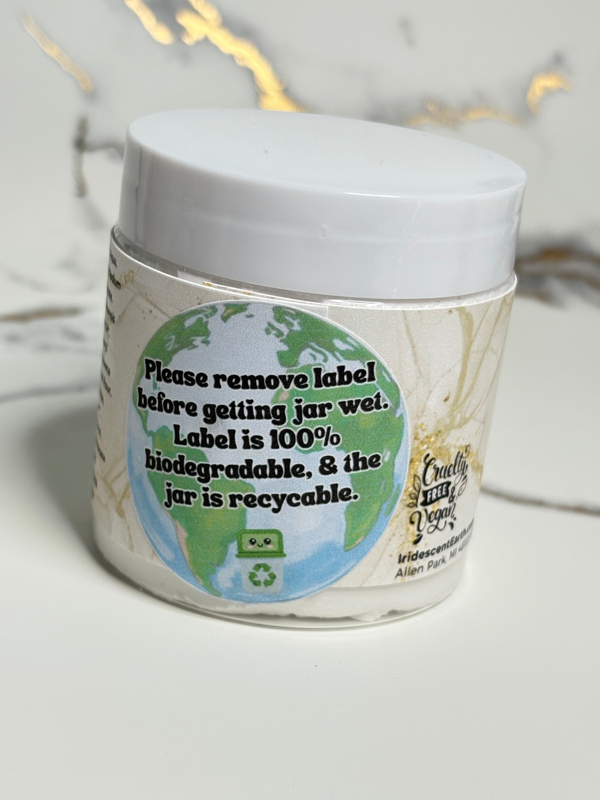 Jar with a biodegradable and recyclable label on a light background