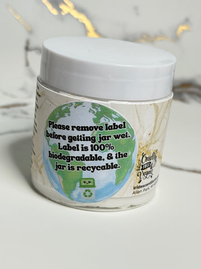 Jar with a biodegradable and recyclable label on a light background